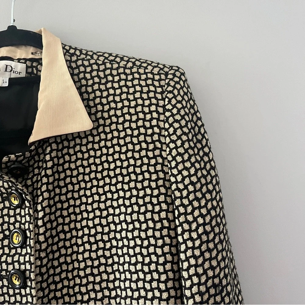 Christian Dior 1990s Black and Cream Woven Check Skirt Suit Set Size 12